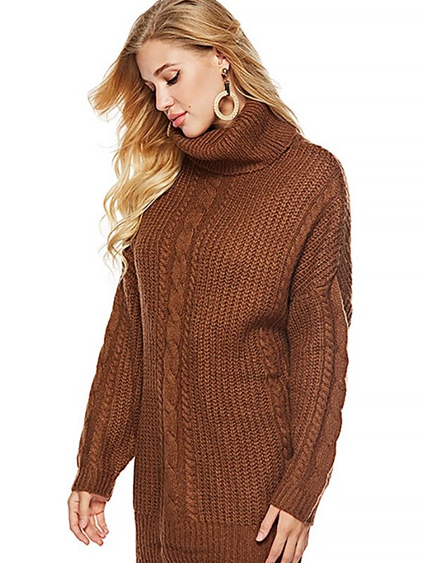 Camel Oversized Funnel Neck Knit Dresses